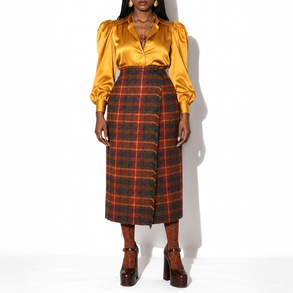 70s Vintage Michelle Plaid Faux Wrap Skirt Womens 10 Wool Blend Midi Fringe